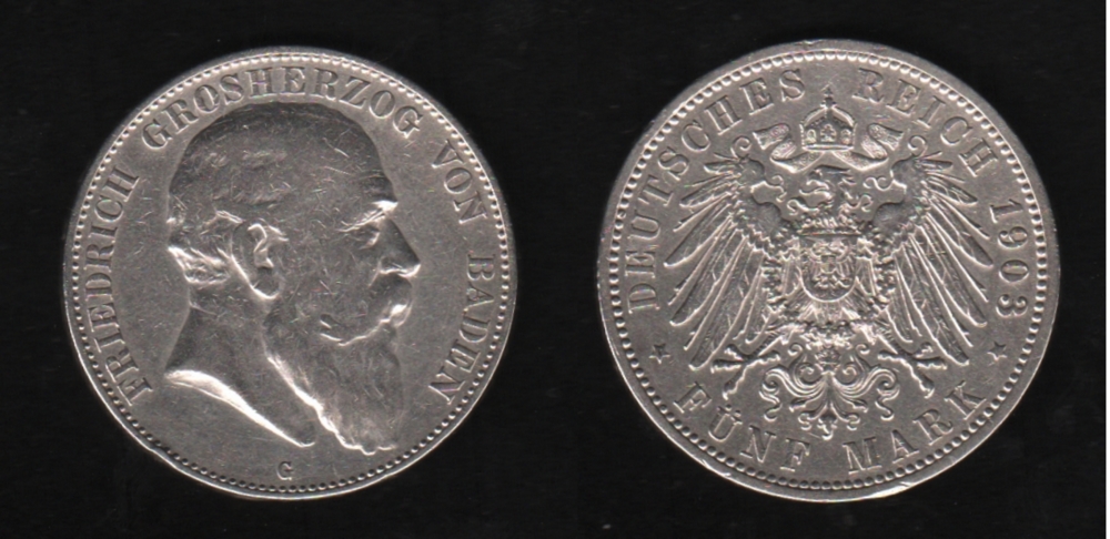 Deutsches Reich. Silbermünze. 5 Mark. Friedrich I., Großherzog von Baden. G 1903. Vorderseite: