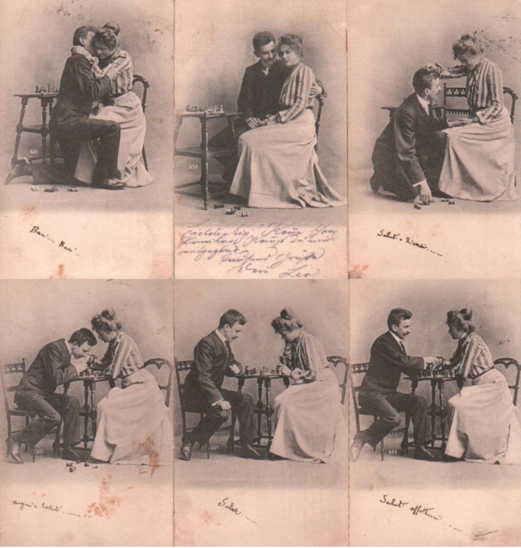Postkarte. Liebespaar beim Schachspiel. Serie mit 6 schwarzweißen, beschriebenen und postalisch