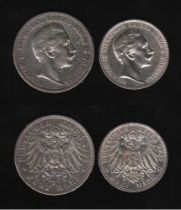 Deutsches Reich. 2 Silbermünzen. 3 und 5 Mark. Wilhelm II., Deutscher Kaiser. A 1911 und A 1902.