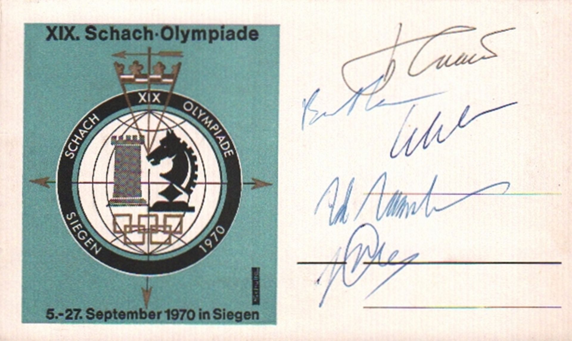 Siegen 1970. Postalisch nicht gelaufene Postkarte mit farbigem Logo zur XIX. Schacholympiade in