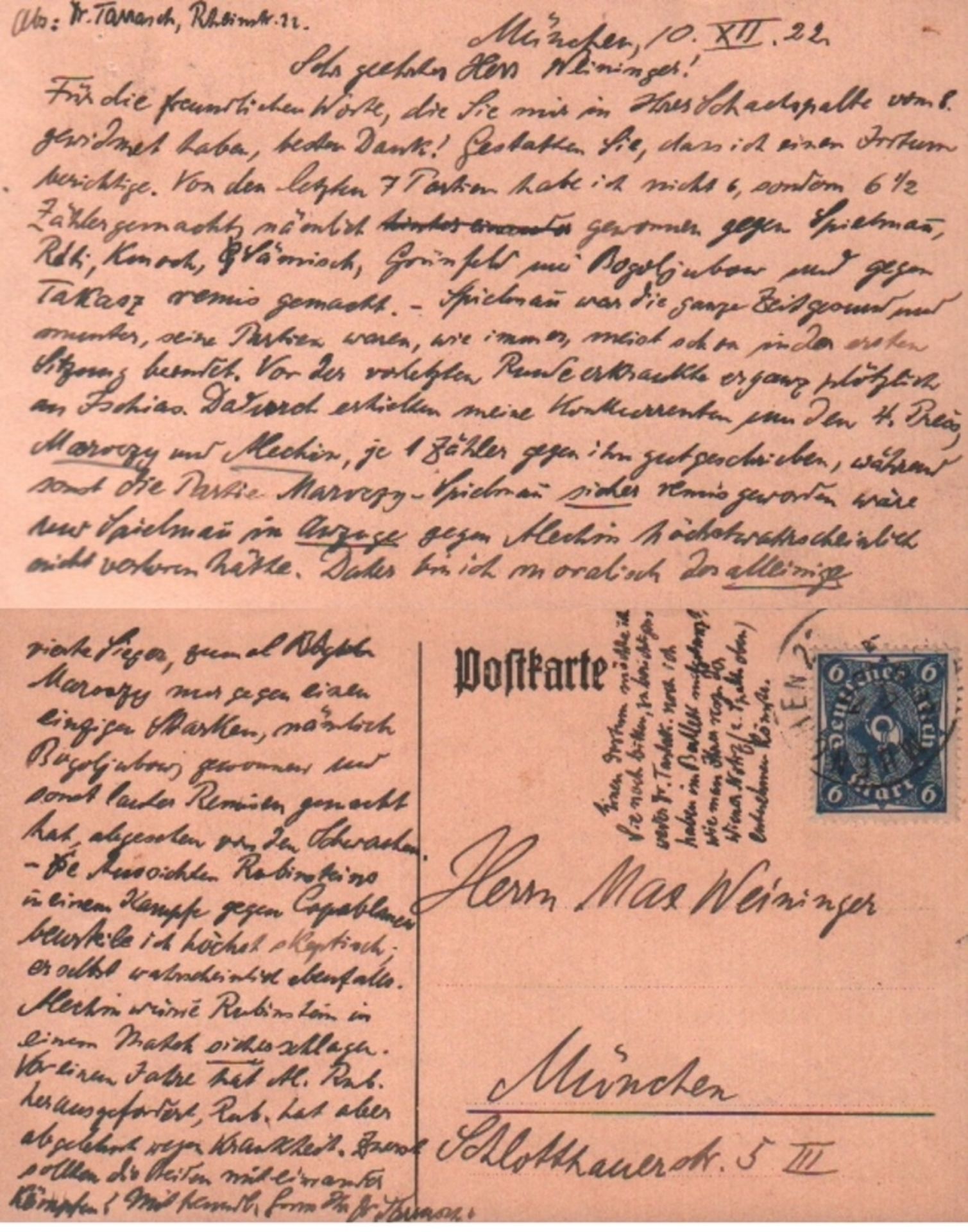 Tarrasch, Siegbert. Postalisch gelaufene Postkarte mit eigenhändig geschriebenem Text in deutscher