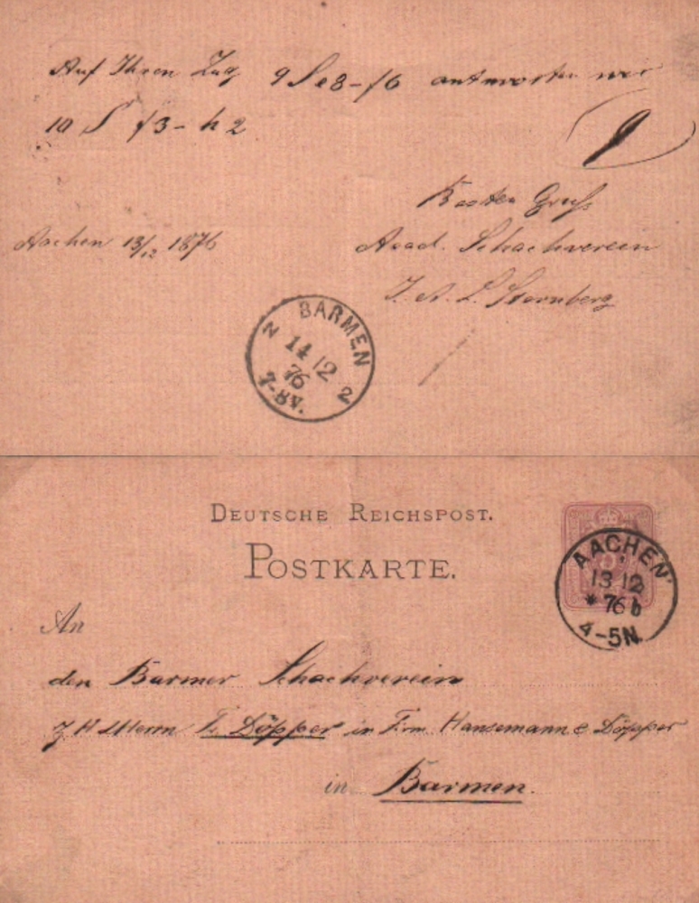 Fernschachpartie Barmen -Aachen. Postalisch gelaufene Postkarte mit eigenhändig geschriebenem Text