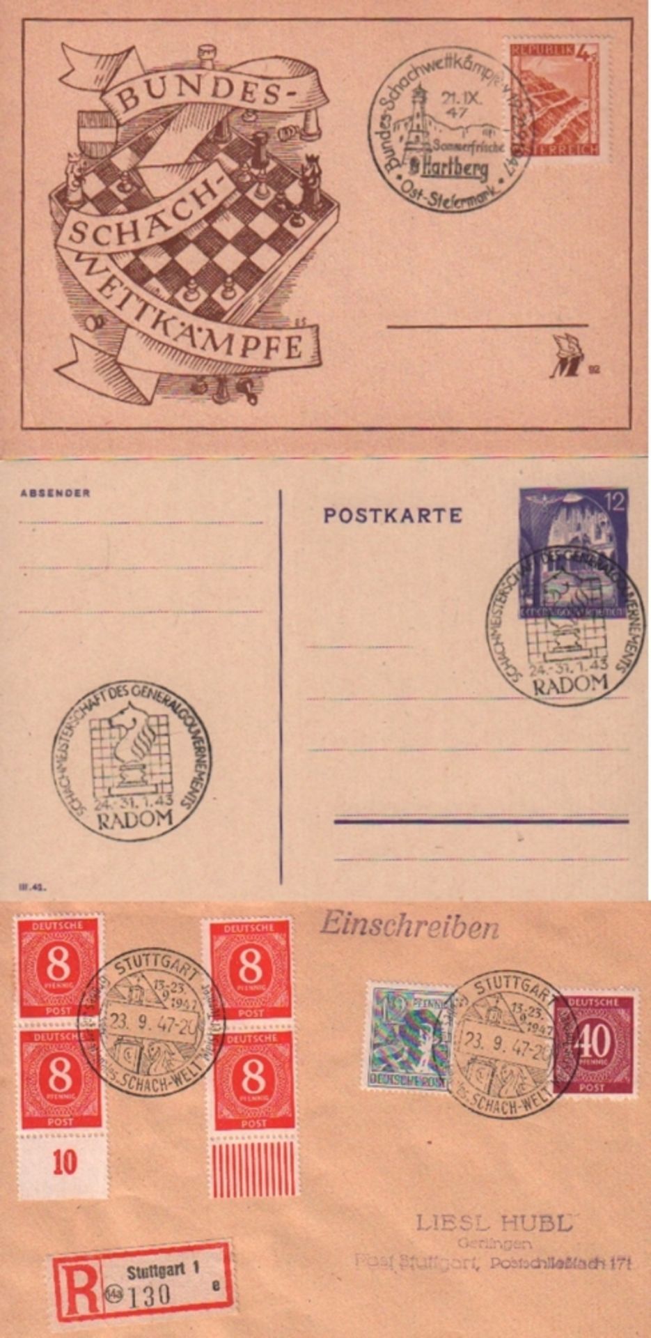 Briefumschläge und Postkarten. Schachsonderstempel. Konvolut von 5, meist postalisch nicht