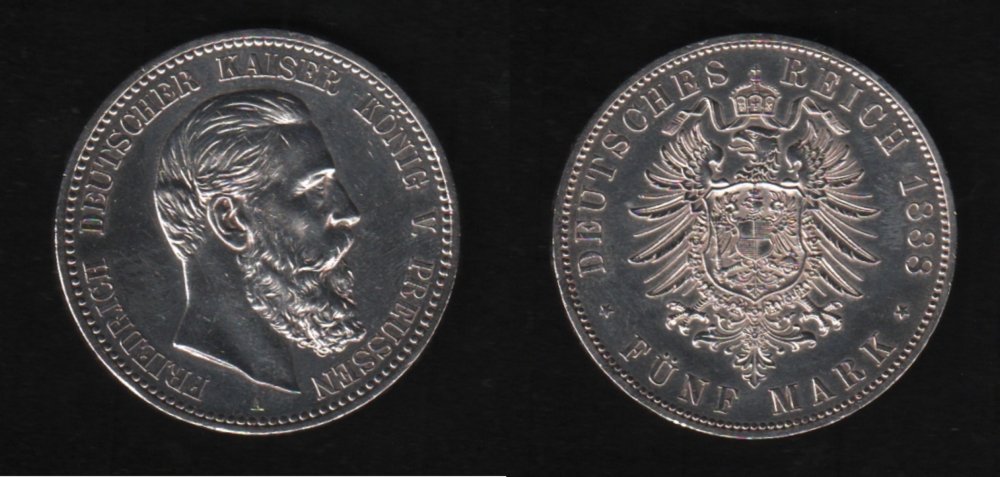 Deutsches Reich. Silbermünze. 5 Mark. Friedrich III., Deutscher Kaiser. A 1888. Vorderseite: Porträt