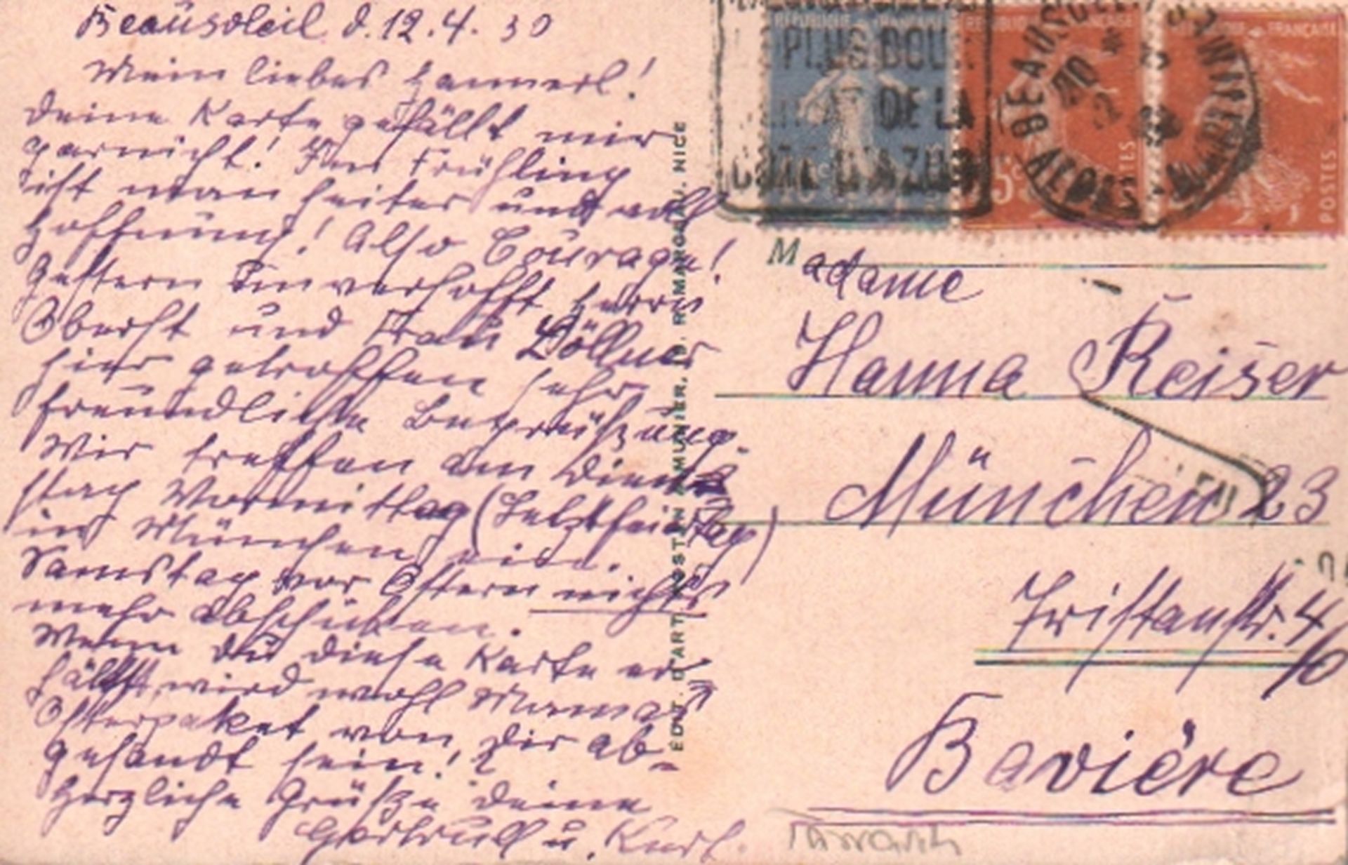 Tarrasch, Gertrud. Farbige und postalisch gelaufene Postkarte mit eigenhändig geschriebenem Text und