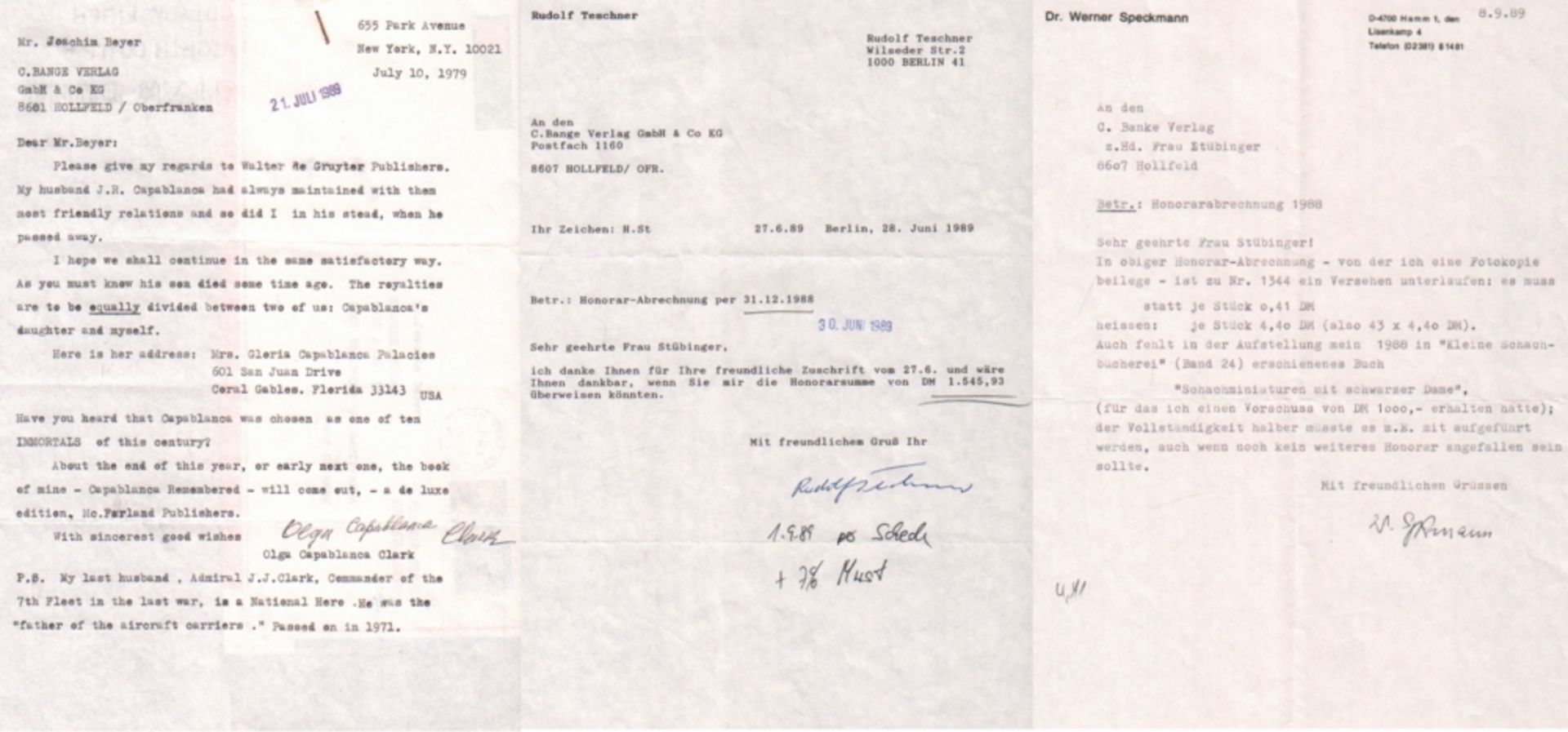 Capablanca Clark, Olga. Maschinegeschriebener Brief in englischer Sprache mit eigenhändiger