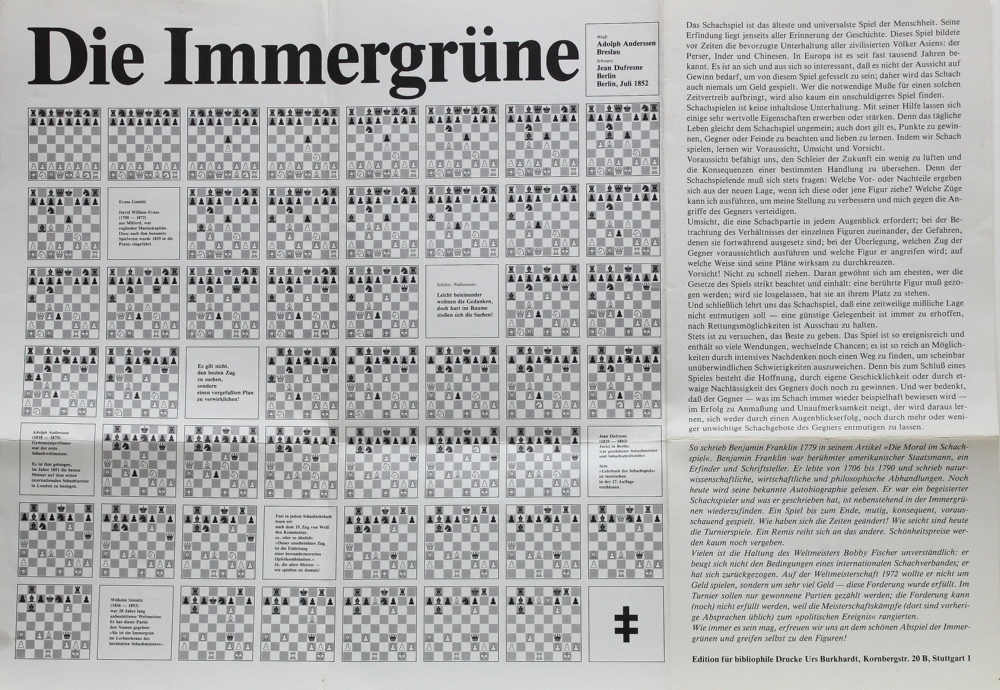 Anderssen – Dufresne. Die Immergrüne. Mehrfach gefaltetes Blatt mit 48 Diagrammen und 7 kurzen