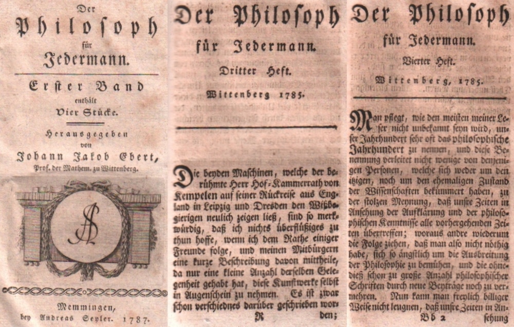 Kempelen. Ebert, Johann Jacob. Der Philosoph für Jedermann. Memmingen, Seyler, 1787. 8°. Mit