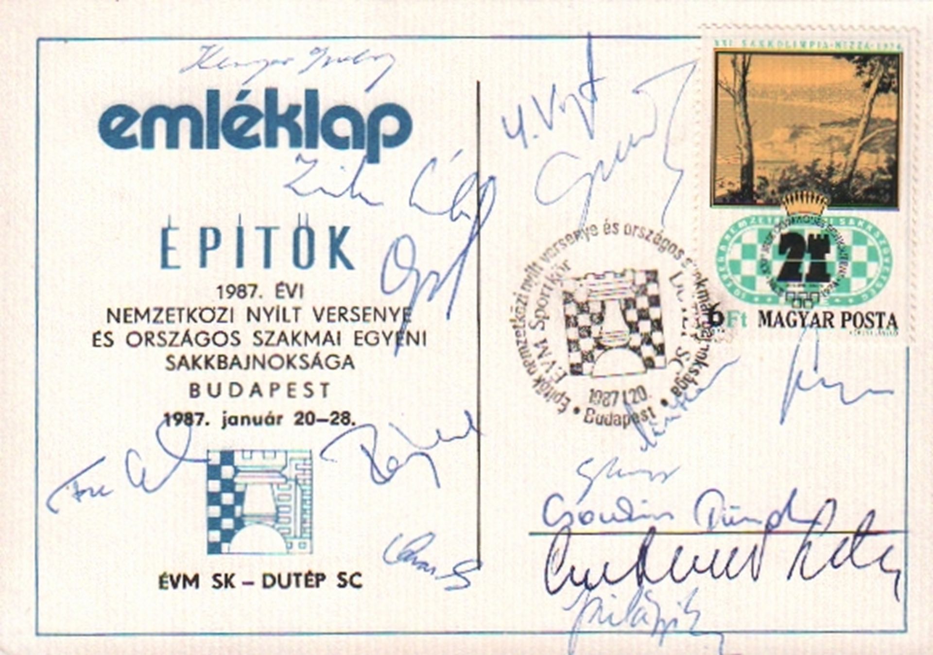 Budapest 1987. Postalisch nicht gelaufene Postkarte mit Schachmotiv und -sonderstempel zum