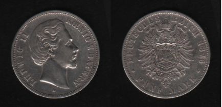 Deutsches Reich. Silbermünze. 5 Mark. Ludwig II., König von Bayern. D 1876. Vorderseite: Porträt