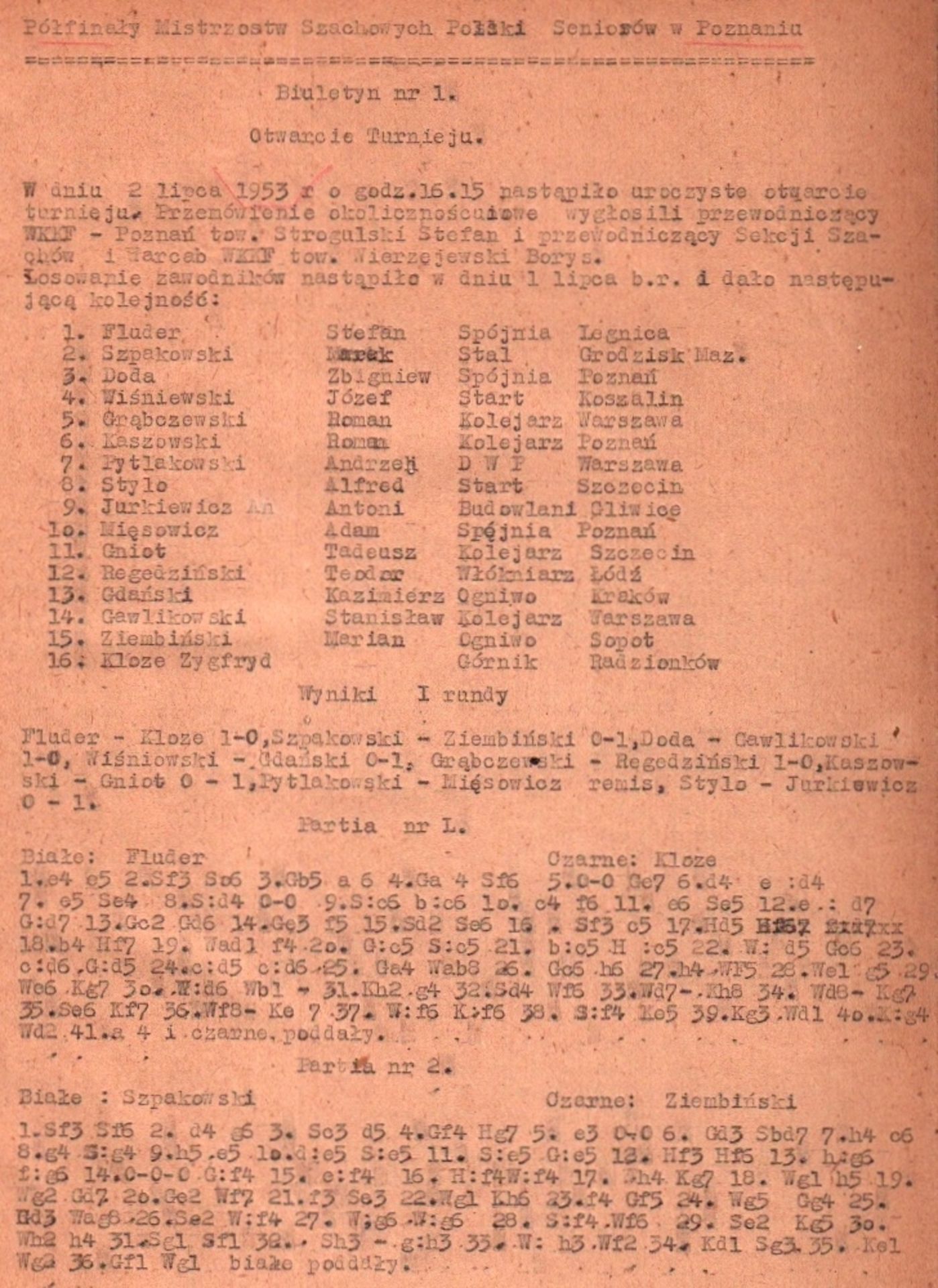 Posen 1953. Pólfinaly Mistrzostw Szachowych Polski Seniorów Poznaniuw. Bulletin Nr. 1 – 13. Ohne Ort