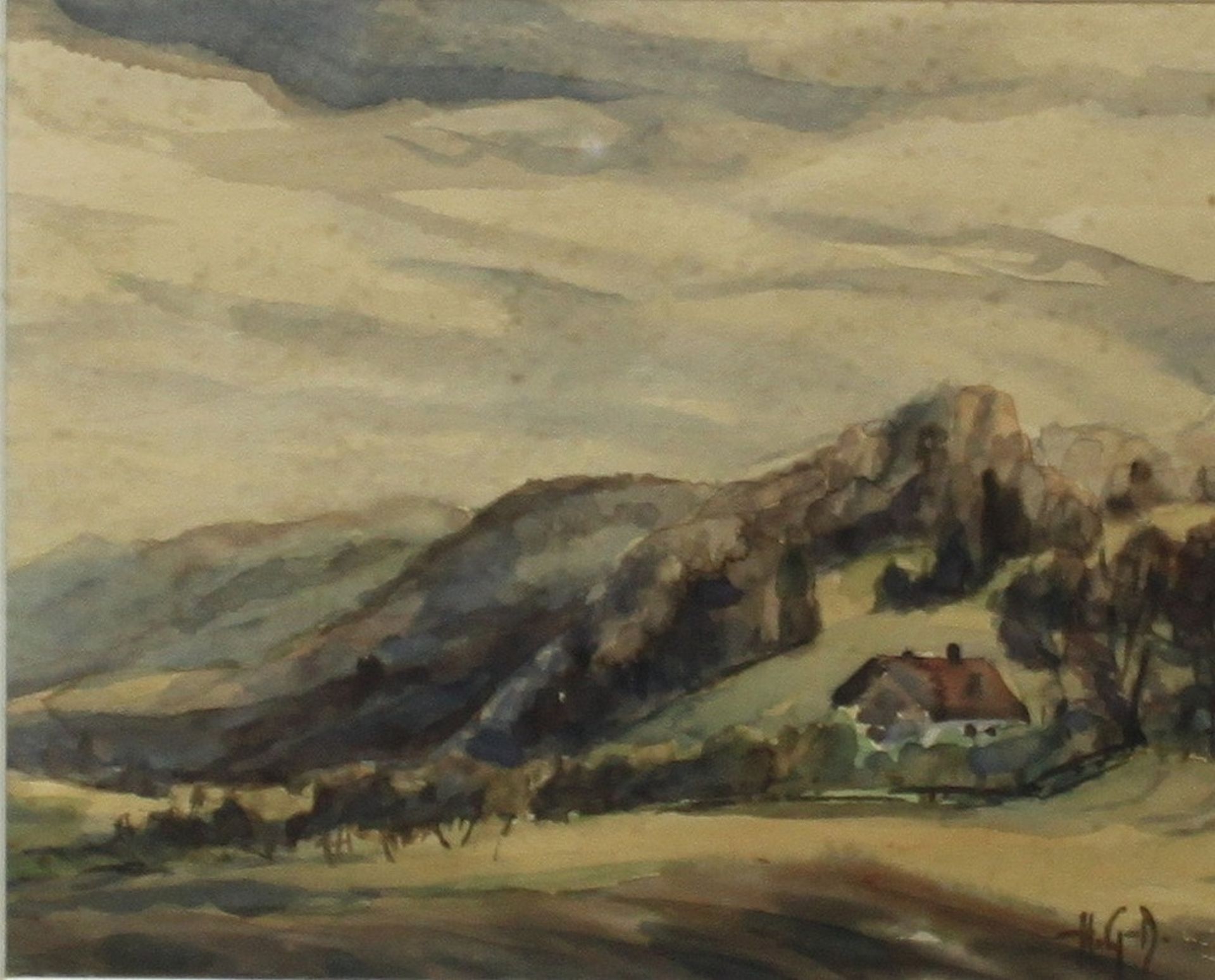 Götzing - Draheim, Hans. “Voralpen bei Benediktbeuren“. Aquarellmalerei (Mischtechnik) auf Papier.