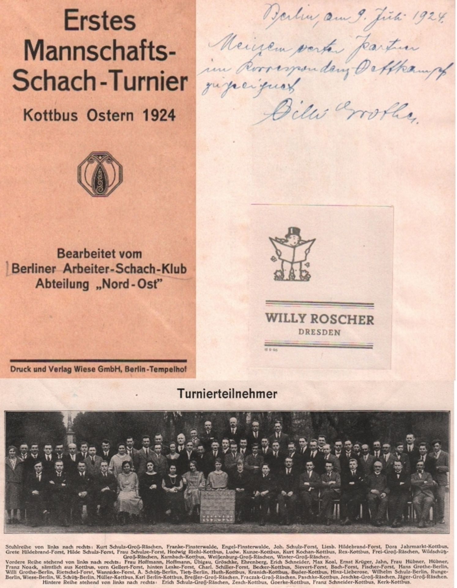 Cottbus 1924. Erstes Mannschafts - Schach - Turnier Kottbus Ostern 1924. Bearbeitet vom Berliner