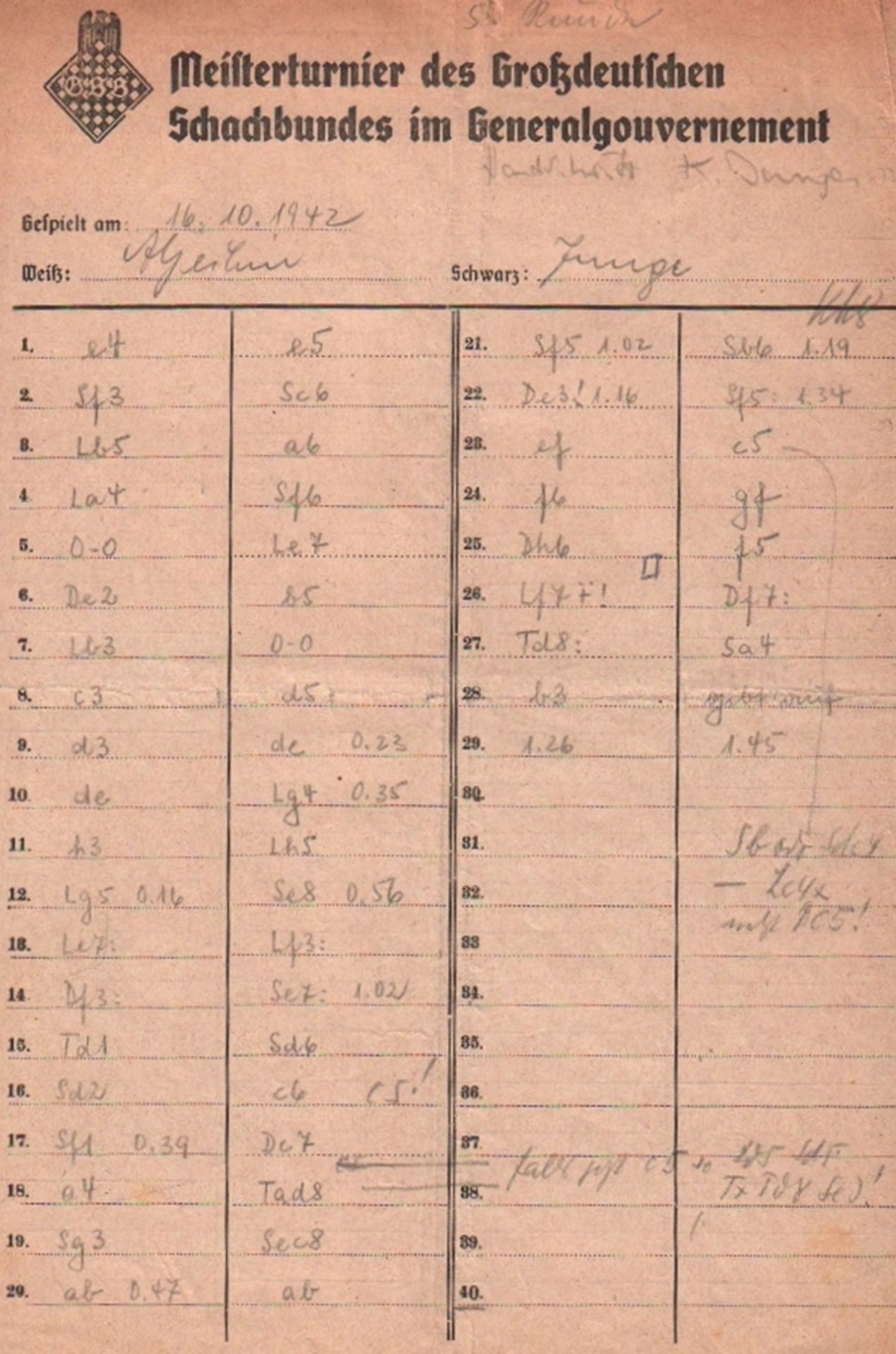 Aljechin - Junge. Notation der Partie Aljechin – Junge, die am 16.10.1942 in Lublin gespielt wurde