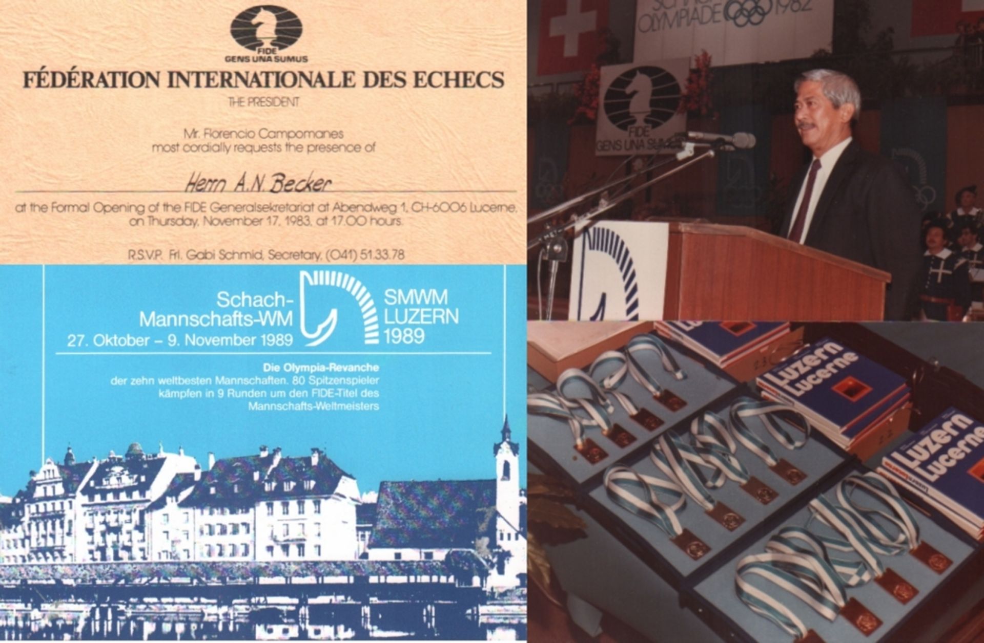 Becker, Alfred N. Gedruckte Einladungskarte mit FIDE – Logo im Namen des FIDE – Präsidenten