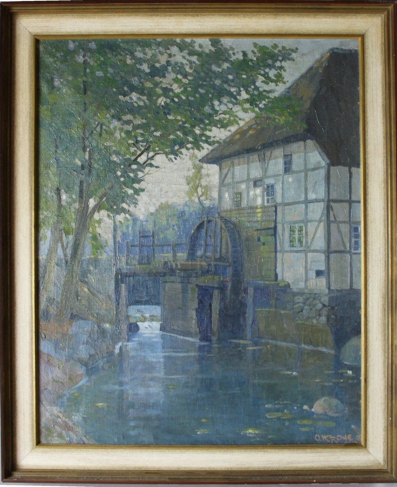 Krone, Otto. (Flusslandschaft mit Mühle). Ölgemälde auf Leinwand über Keilrahmen. Signiert und