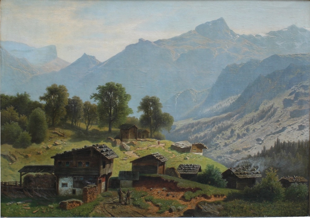 Nocken, Wilhelm Theodor. (Bergbauernhof in den Hochalpen). Ölgemälde auf Leinwand über Keilrahmen.