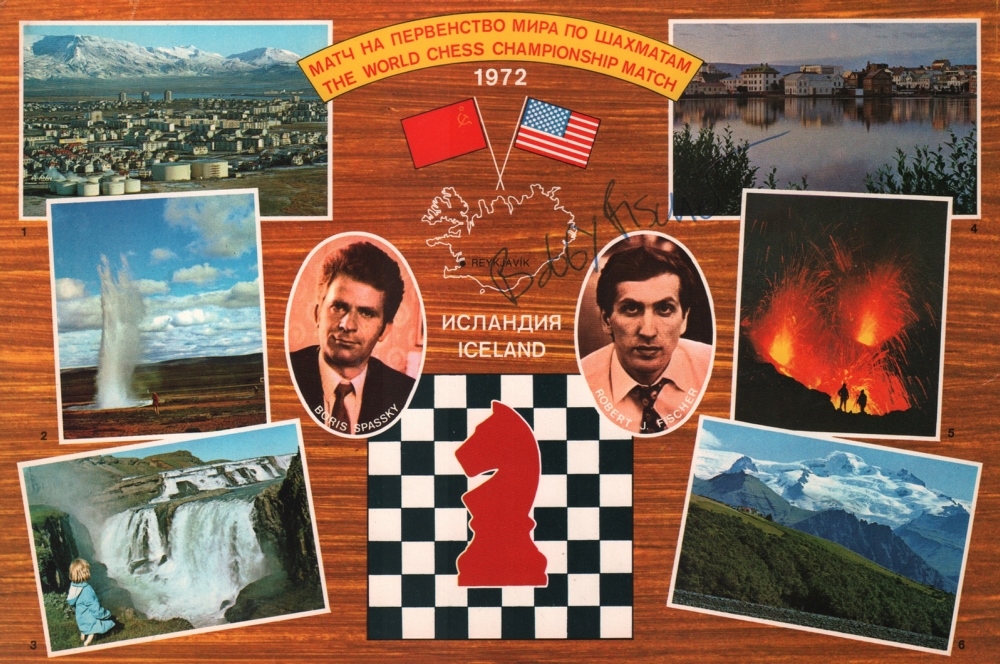 Fischer, Bobby. Postalisch nicht gelaufene, farbige Postkarte zum Schachweltmeisterschaftskampf