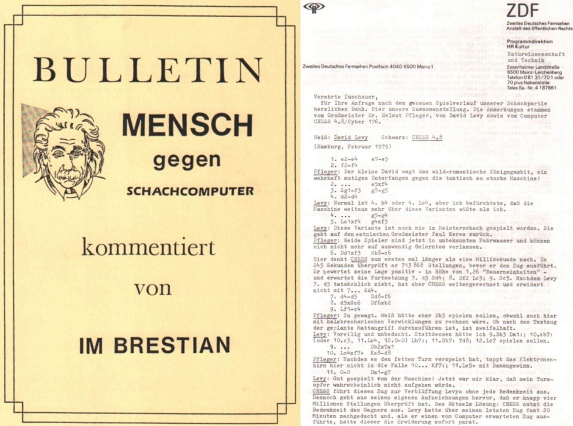 Schachcomputer. Bulletin Mensch gegen Schachcomputer kommentiert von IM Brestian. Wien, Schach