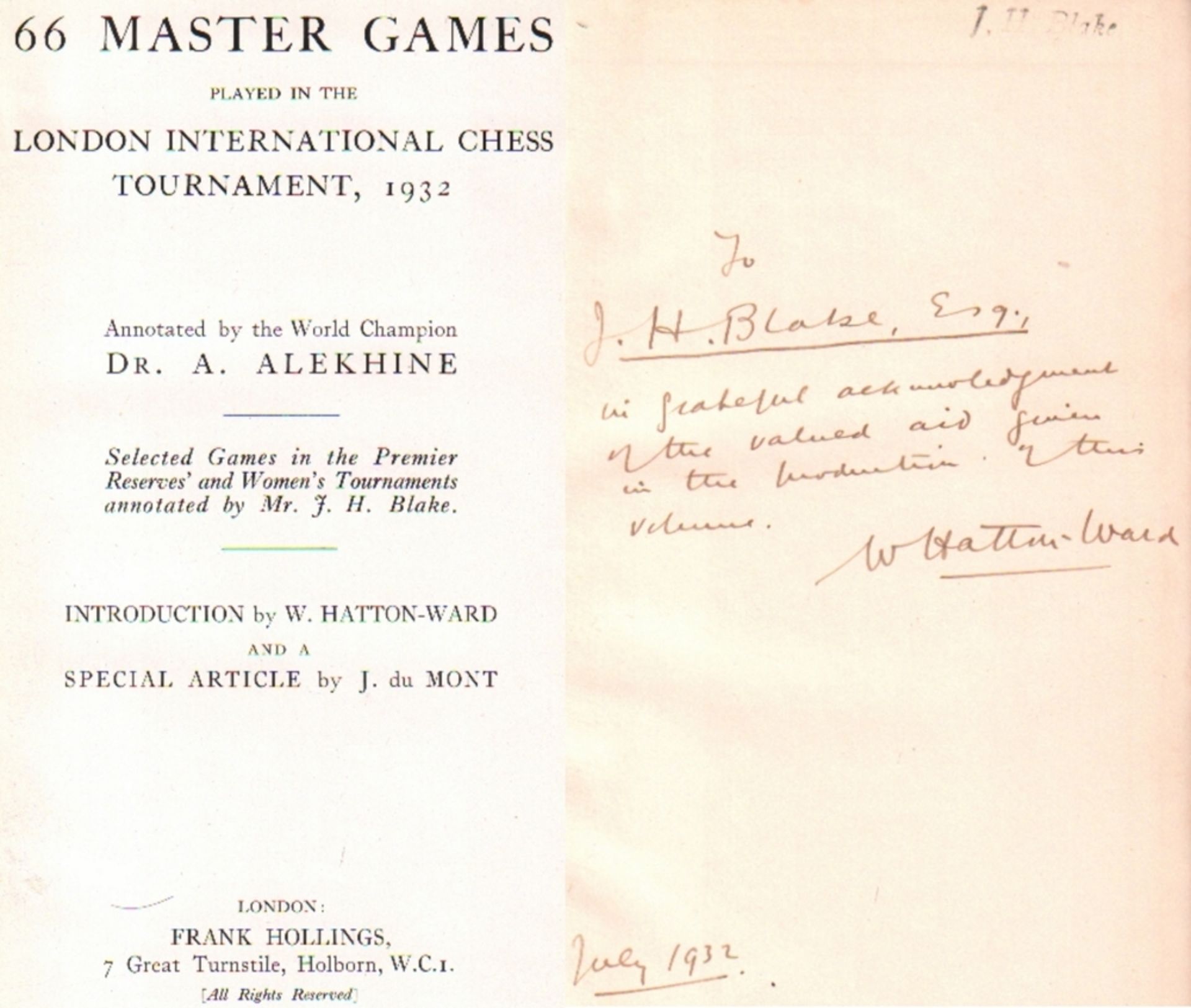 London 1932. 66 master games played in the London International Chess Tournament, 1932. Annotated by