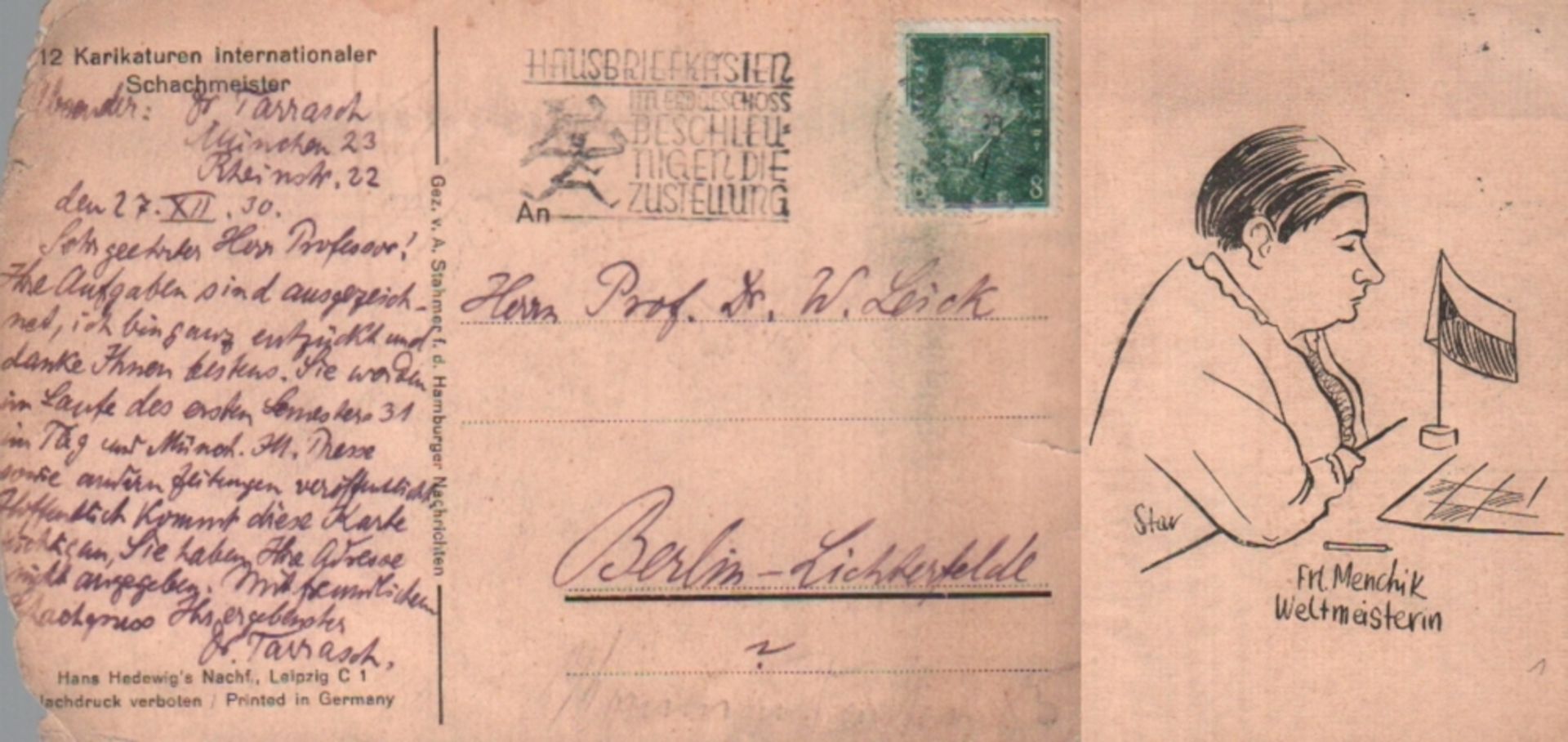 Tarrasch, Siegbert. Postalisch gelaufene Postkarte mit eigenhändig geschriebenem Text in deutscher