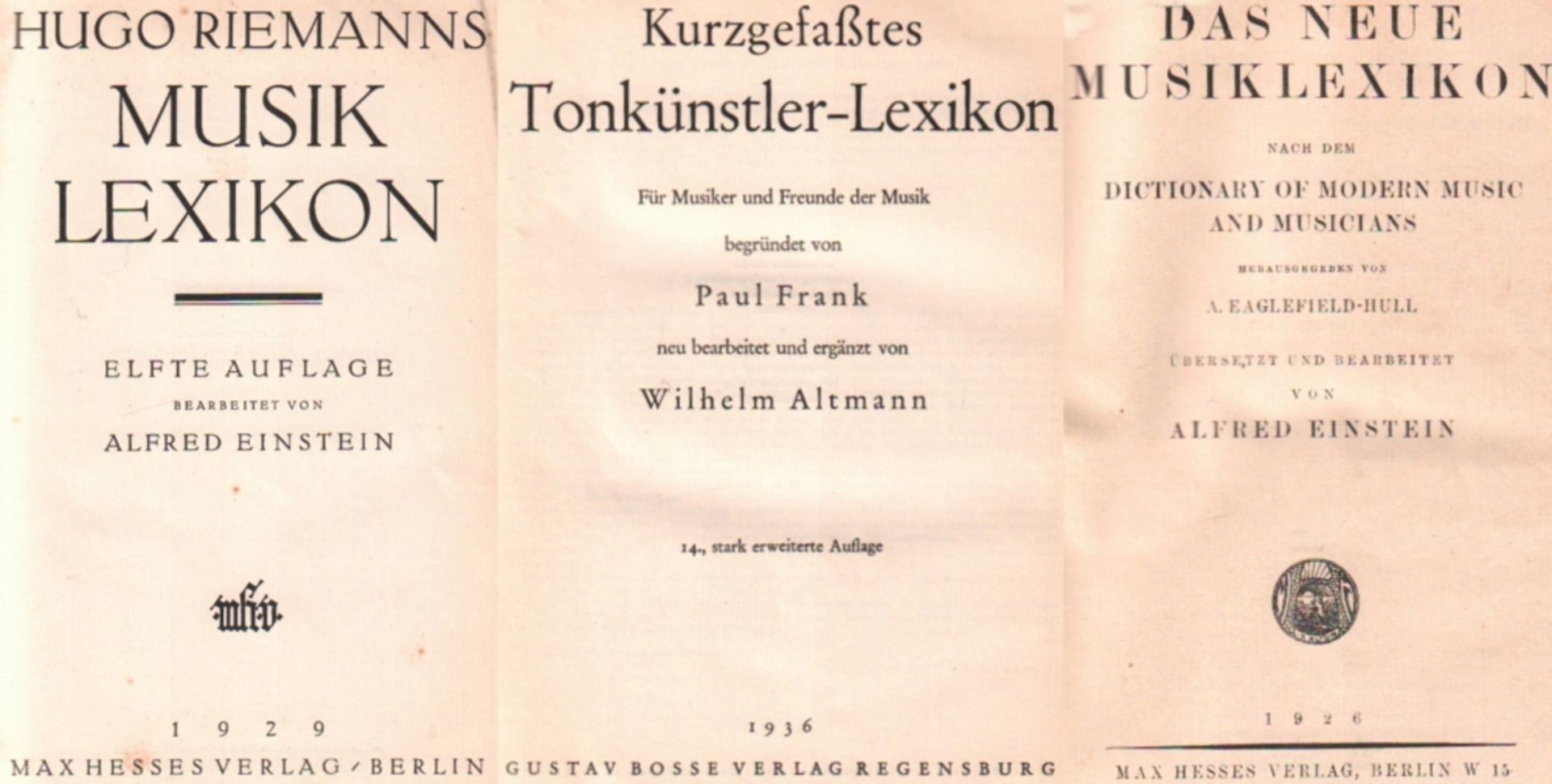 Lexikon. Musik. Riemann, H. Musik Lexikon. 11. Auflage bearbeitet von Alfred Einstein. 2 Bände.