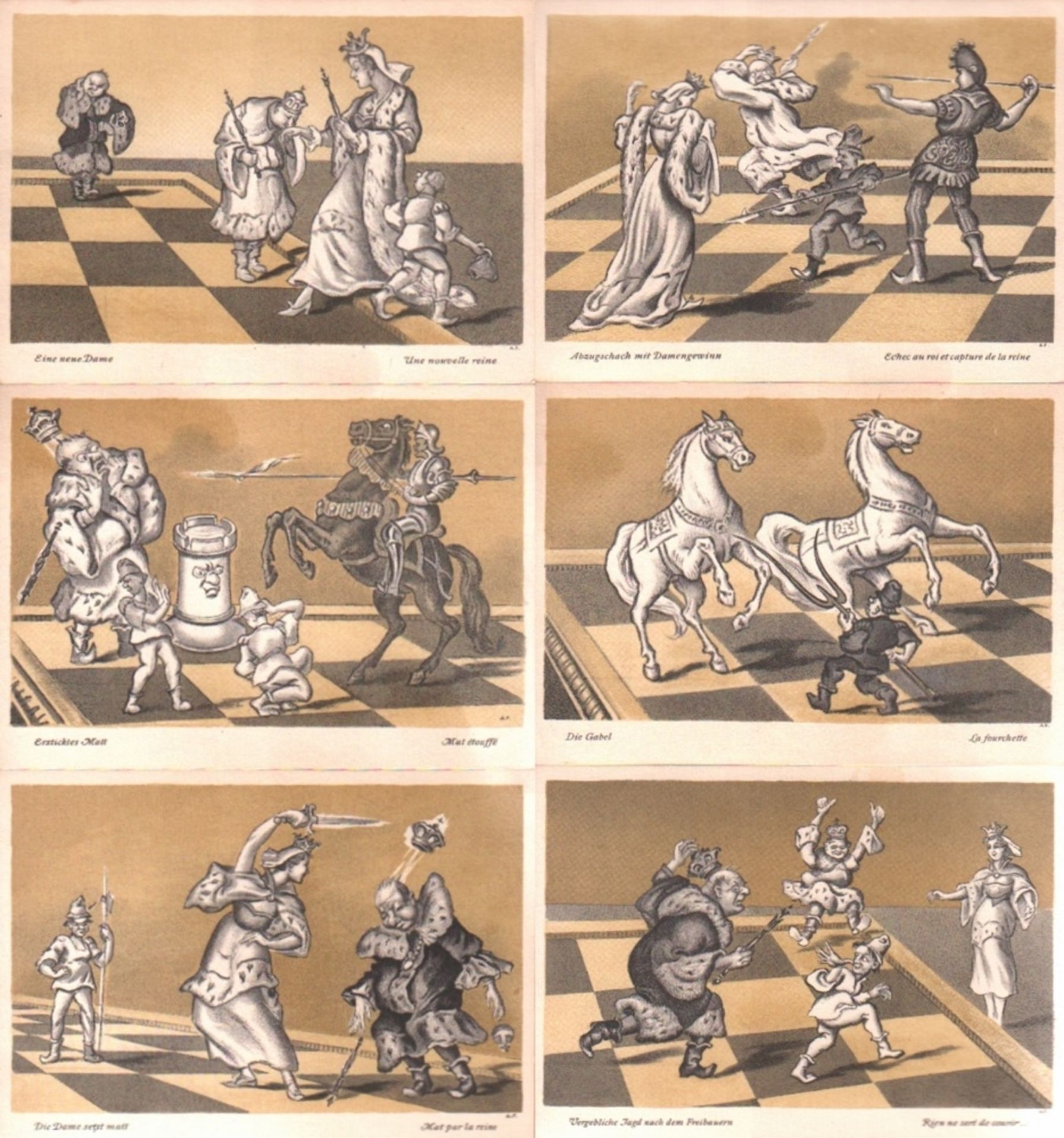 Postkarte. Karikaturen. Serie mit 6 (statt 10) lithographierten, postalisch nicht gelaufenen
