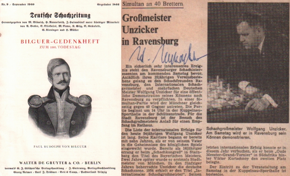 Unzicker, Wolfgang. Zeitungsausschnitt mit Artikel „Großmeister Unzicker in Ravensburg“, ca. 1979