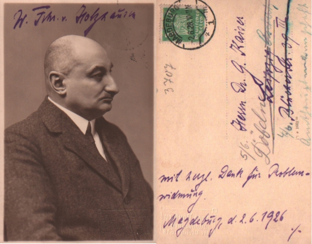 Holzhausen, Walther v. Postalisch gelaufene Postkarte mit eigenhändig geschriebenem Text in