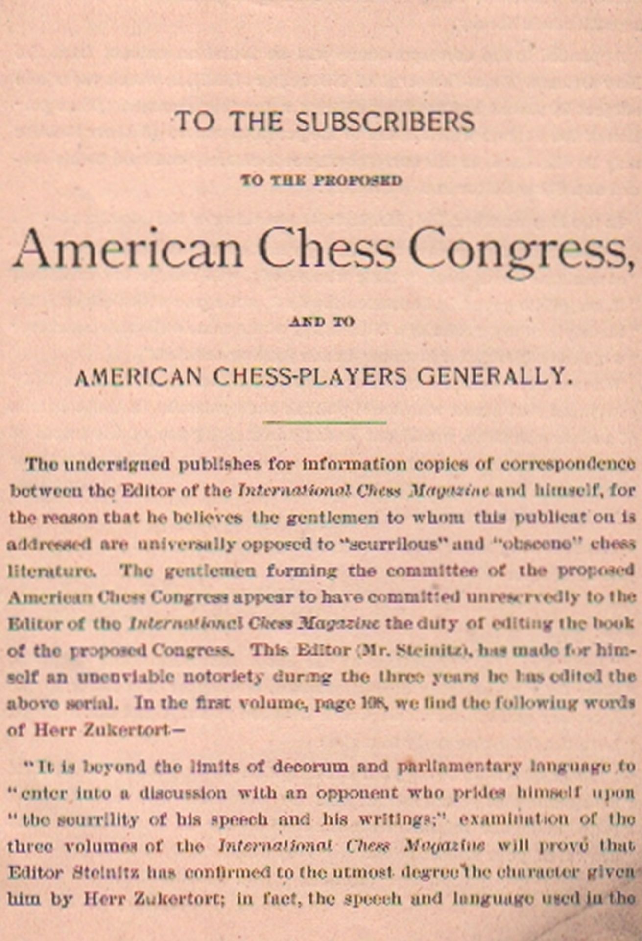 New York 1889(Russell, J. A.) To the subscribers to the proposed American Chess Congress and to