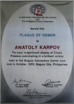 Karpow,A. „Award this Plaque of Honor to Anatoly Karpov For your magnificent display of Chess