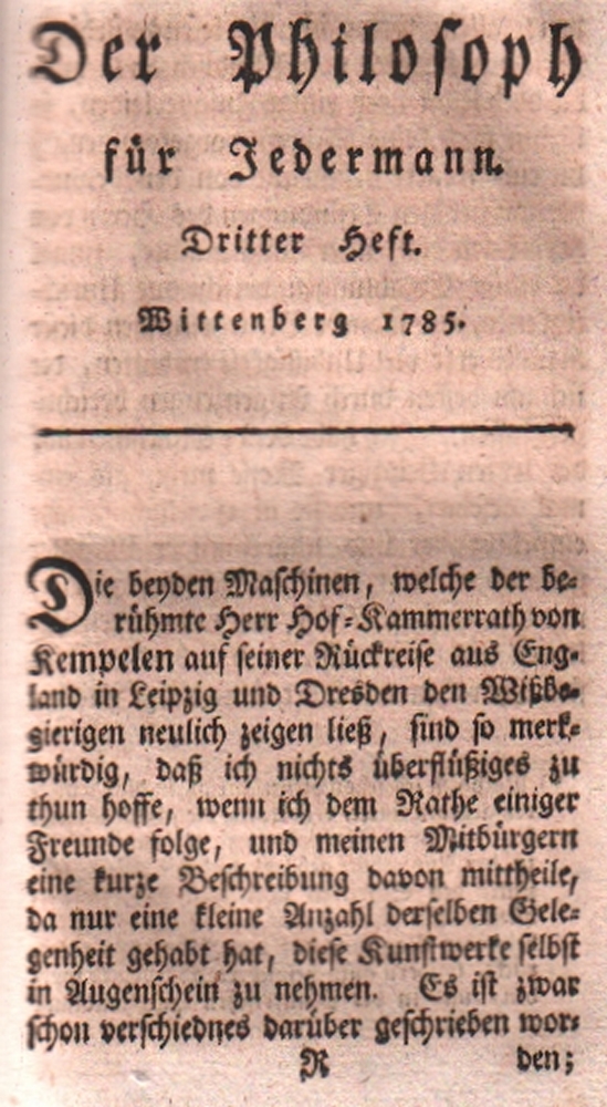 Kempelen. Ebert, Johann Jacob. Der Philosoph für Jedermann. Memmingen, Seyler, 1787. 8°. Mit - Image 2 of 2