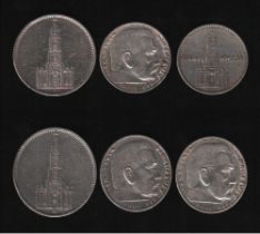 Deutsches Reich. 2 Silbermünzen zu 5 Reichsmark und 1 Silbermünze zu 2 Reichsmark. Erster