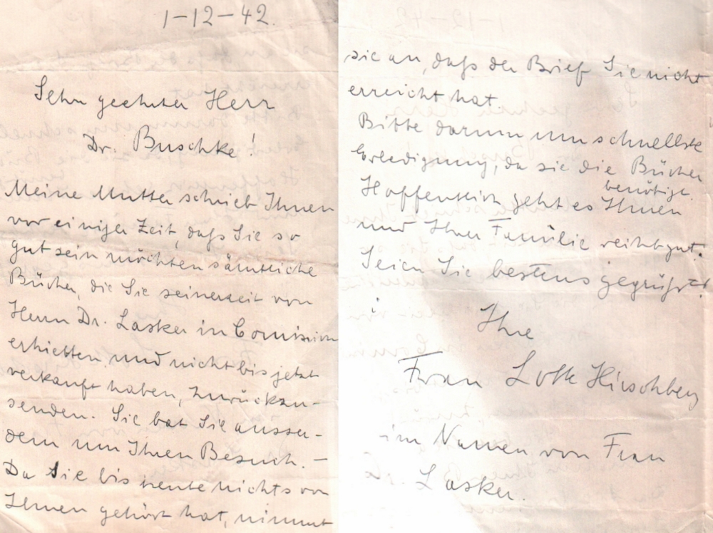 Lasker. Hirschberg, Lotte. Eigenhändig geschriebener Brief von Lotte Hirschberg an Albrecht