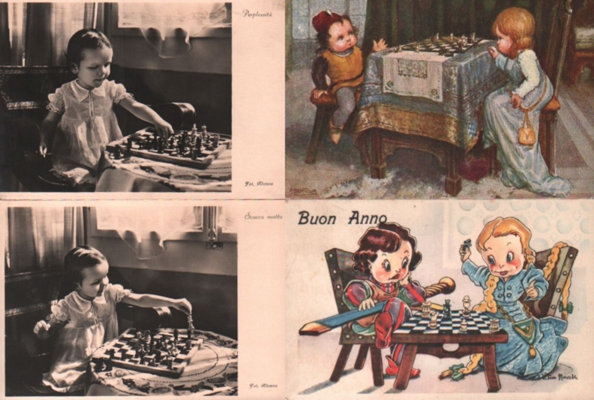 Postkarte. Kinder beim Schachspiel. 7, teils farbige und meist postalisch gelaufene Postkarten aus