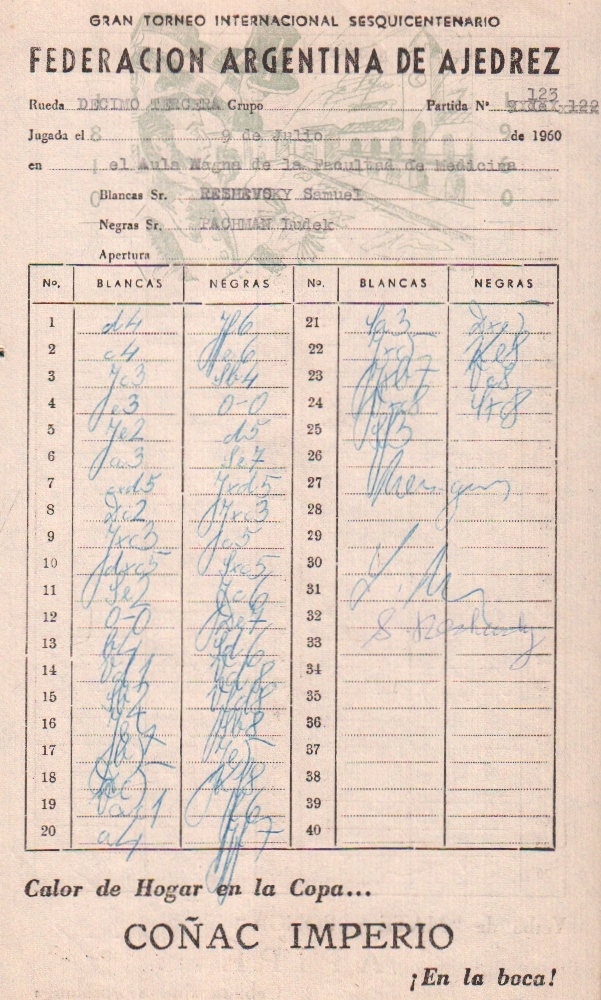 Pachman – Reshevsky. Handschriftliches Spielerprotokoll von Pachman der Partie No. 123 Samuel