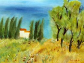 Kott, Charlott Ruth. (La Provence - mediterrane Landschaft). Ölmalerei (Mischtechnik) auf Holz.