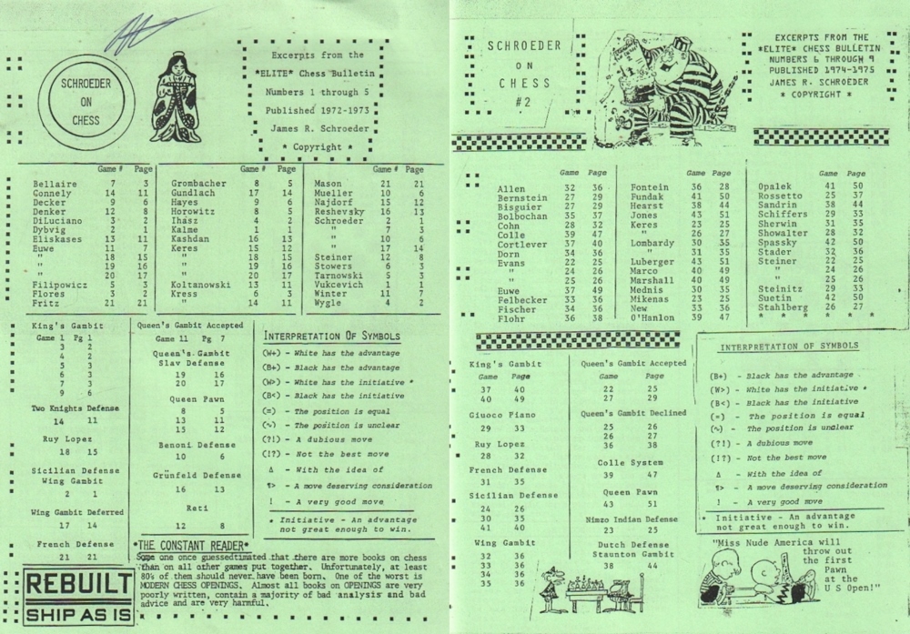 Schroeder on Chess. Excerpts from the “Elite“ Chess Bulletin Numbers 1 through 5 published 1972 –