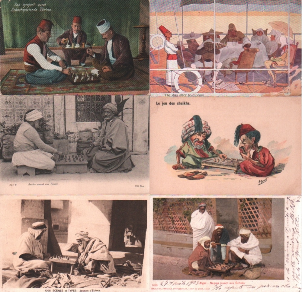Postkarte. Orientalische Schachspielszenen. 6, meist farbige und meist postalisch nicht gelaufene