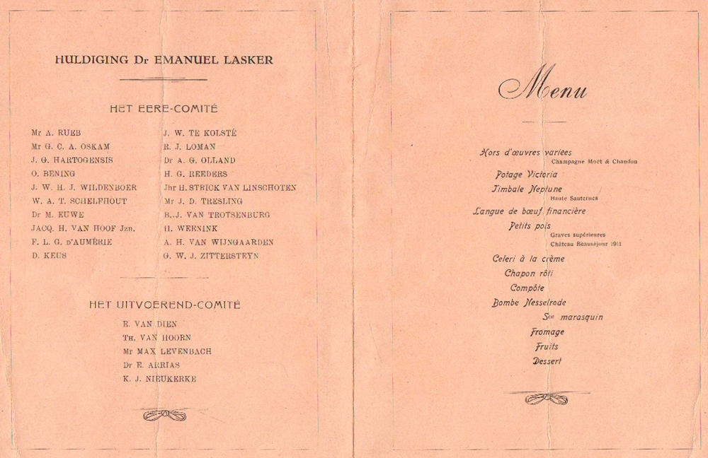 Lasker, Emanuel. Gefaltete Menükarte vom 9. Februar 1929 anläßlich der Erinnerung an Lasker's 60 - Image 2 of 2