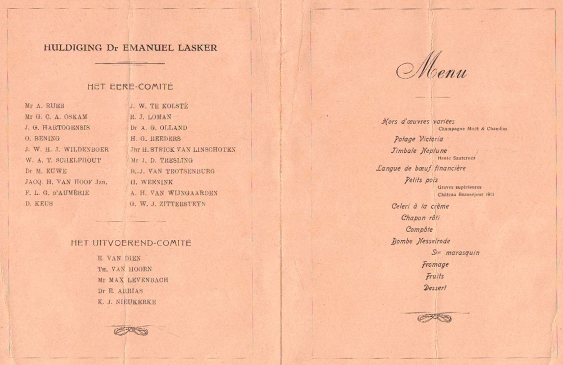 Lasker, Emanuel. Gefaltete Menükarte vom 9. Februar 1929 anläßlich der Erinnerung an Lasker's 60 - Bild 2 aus 2