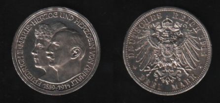 Deutsches Reich. Silbermünze. 3 Mark. Zur Silbernen Hochzeit von Herzog Friedrich II. von Anhalt und