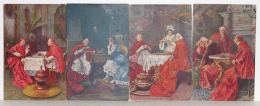 Postkarte. Geistliche Herren beim Schachspiel. 4 farbige und teils postalisch gelaufene Postkarten