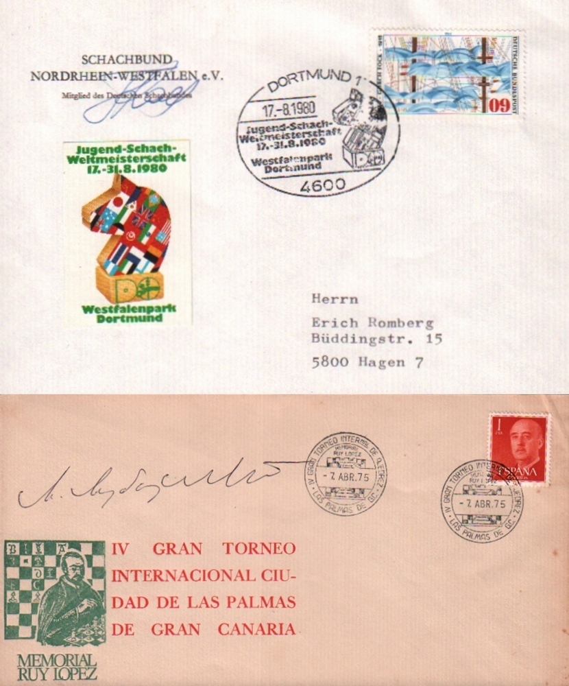 Kasparow, G. Briefumschlag vom Schachbund Nordrhein - Westfalen mit Aufkleber und Sonderstempel