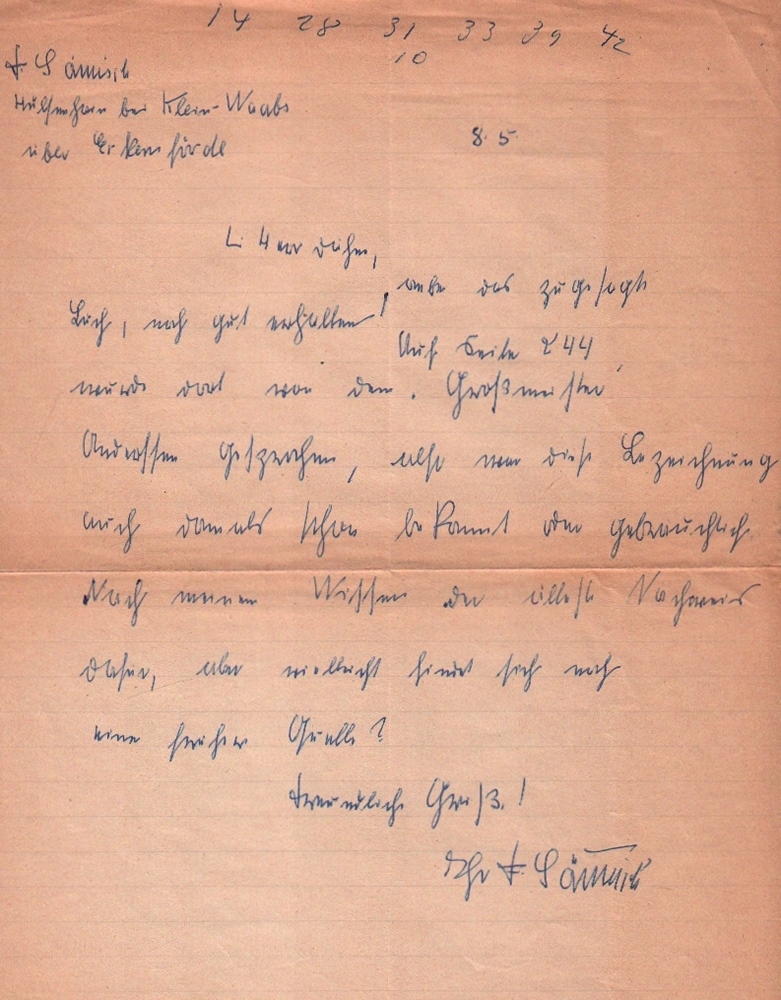 Sämisch, Friedrich. Eigenhändig geschriebener Brief von Friedrich Sämisch in deutscher Sprache,