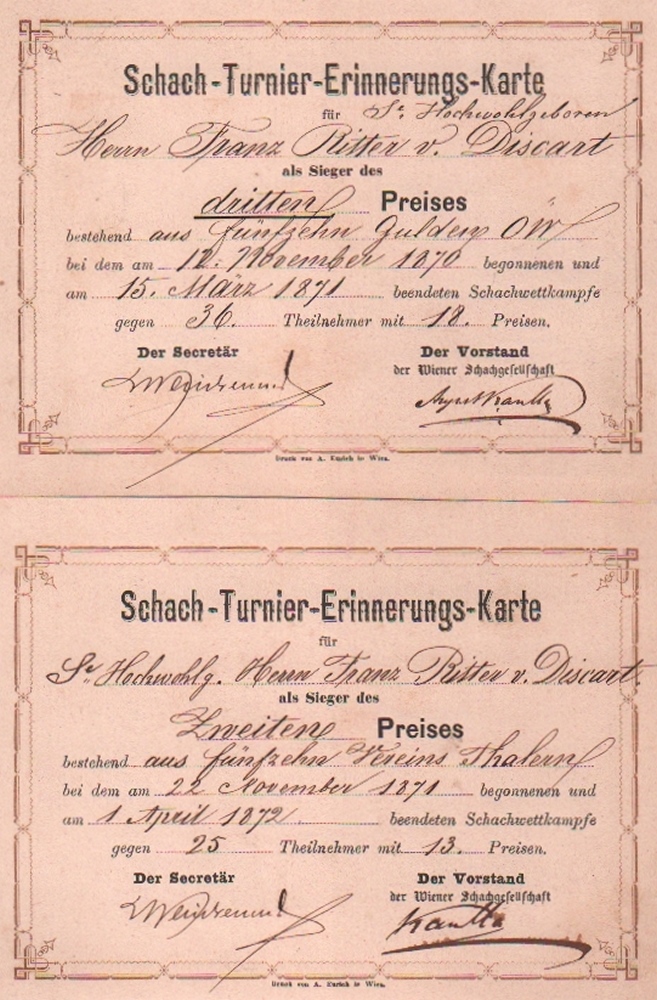 Wiener Schach – Gesellschaft. 2 gedruckte Erinnerungskarten mit handschriftlichen Eintragungen: “