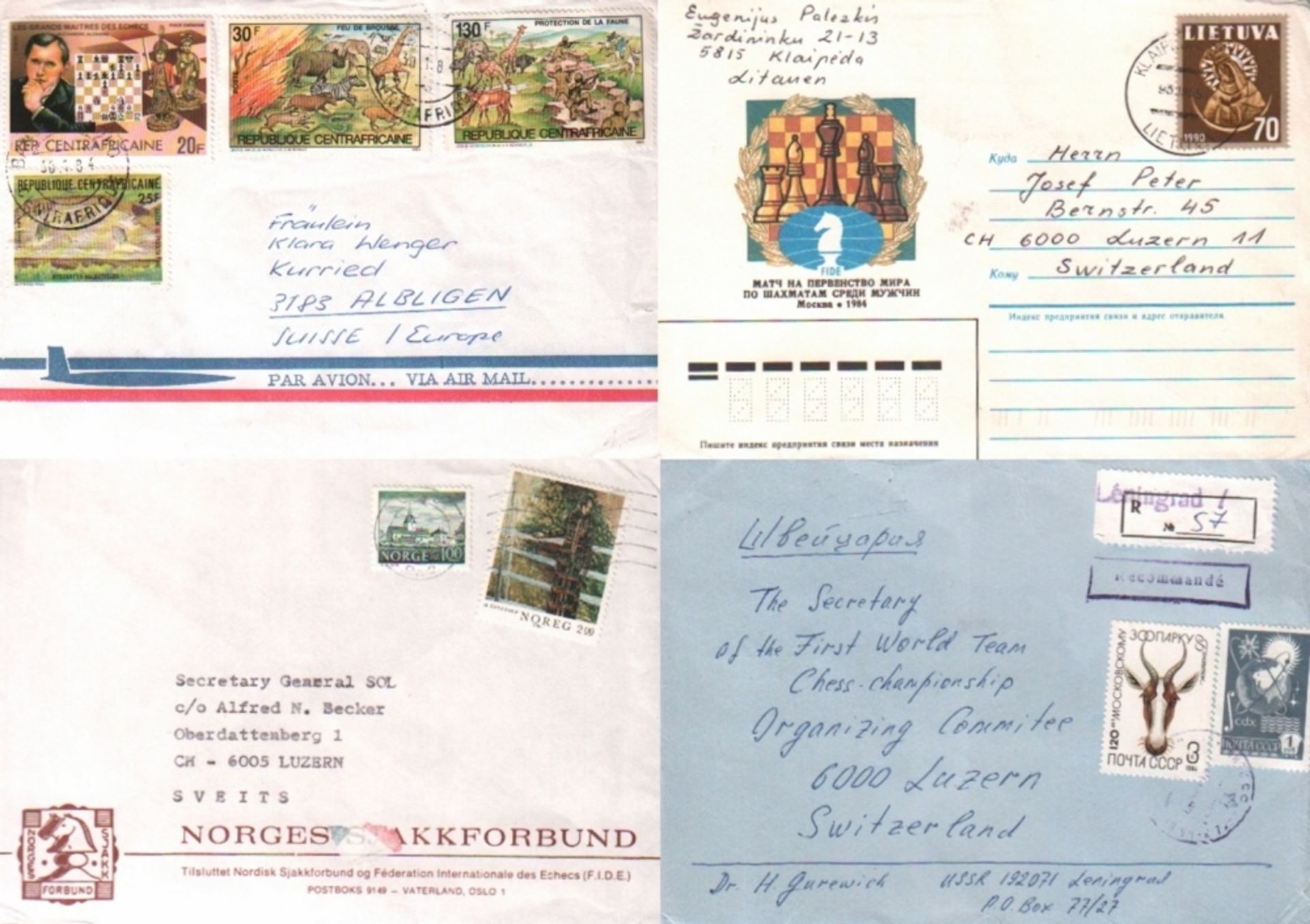 Luzern 1982. Konvolut von 25 postalisch gelaufenen Briefumschlägen / Briefumschlagsteilen mit