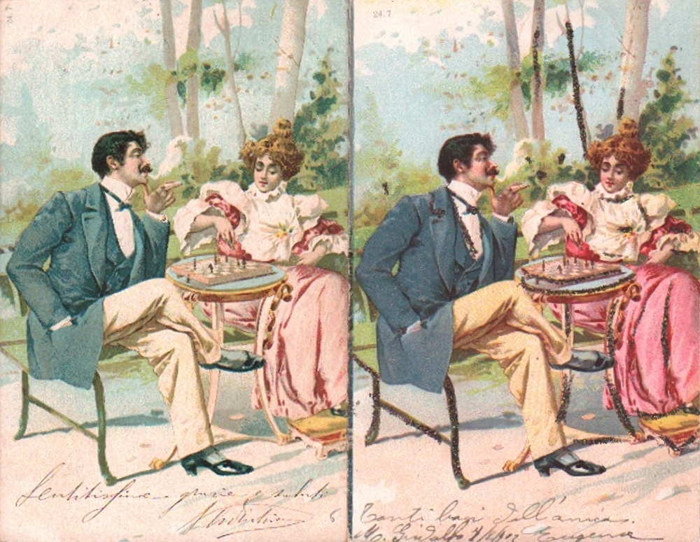 Postkarte. Galantes Paar beim Schachspiel. 2 farbige, beschriebene und postalisch gelaufene