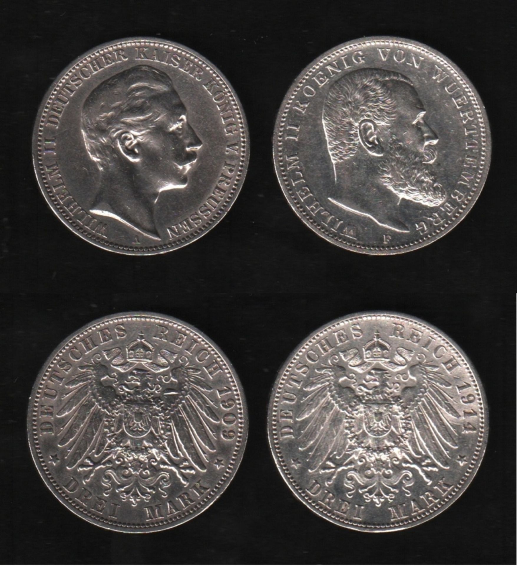 Deutsches Reich. Silbermünze. 3 Mark. Wilhelm II., König von Württemberg. F 1914. Vorderseite: