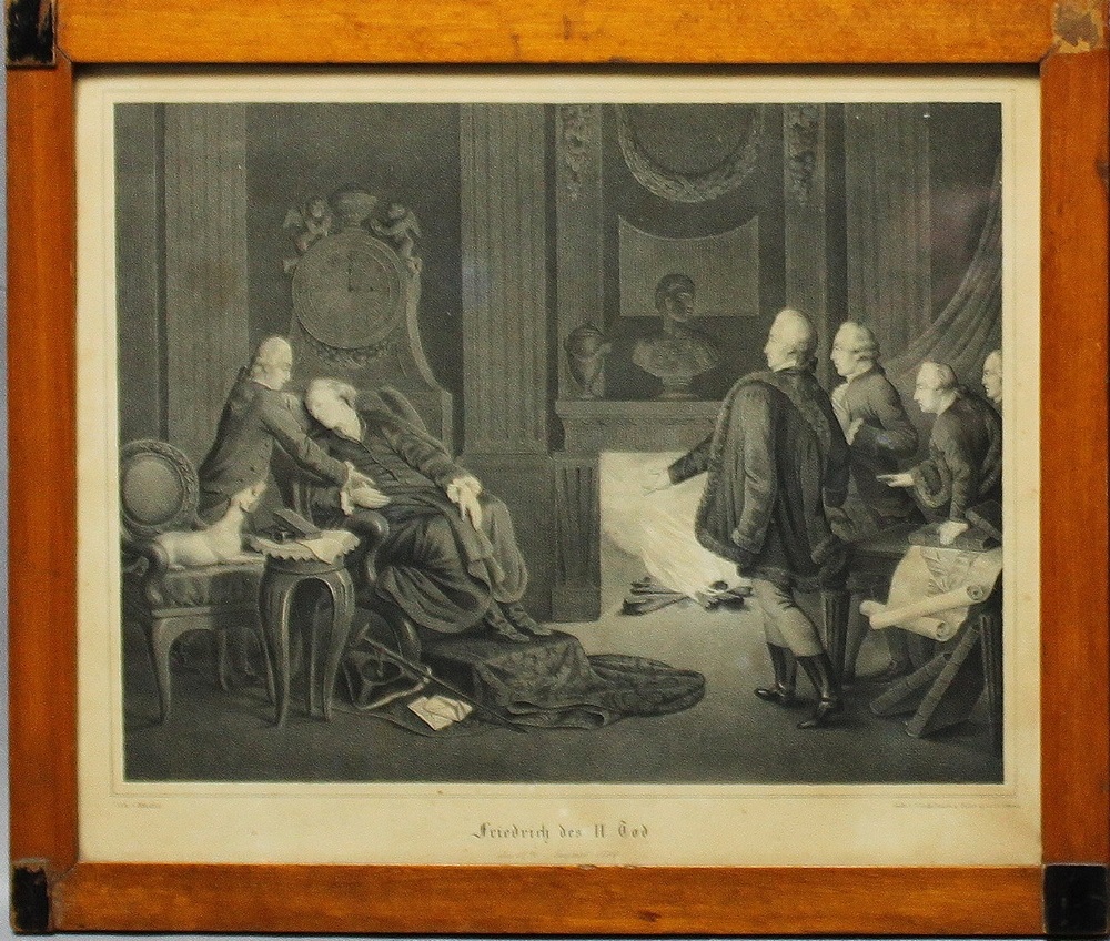 Friedrich der Große. “Friedrich des II. Tod den 17. August 1786“. Originale Lithographie von Schäfer